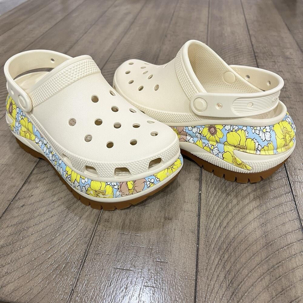 Crocs Mega Crush Retro Floral Clogs Womens W6 Vanilla Yellow Blue Platform Shoes - Picture 2 of 14